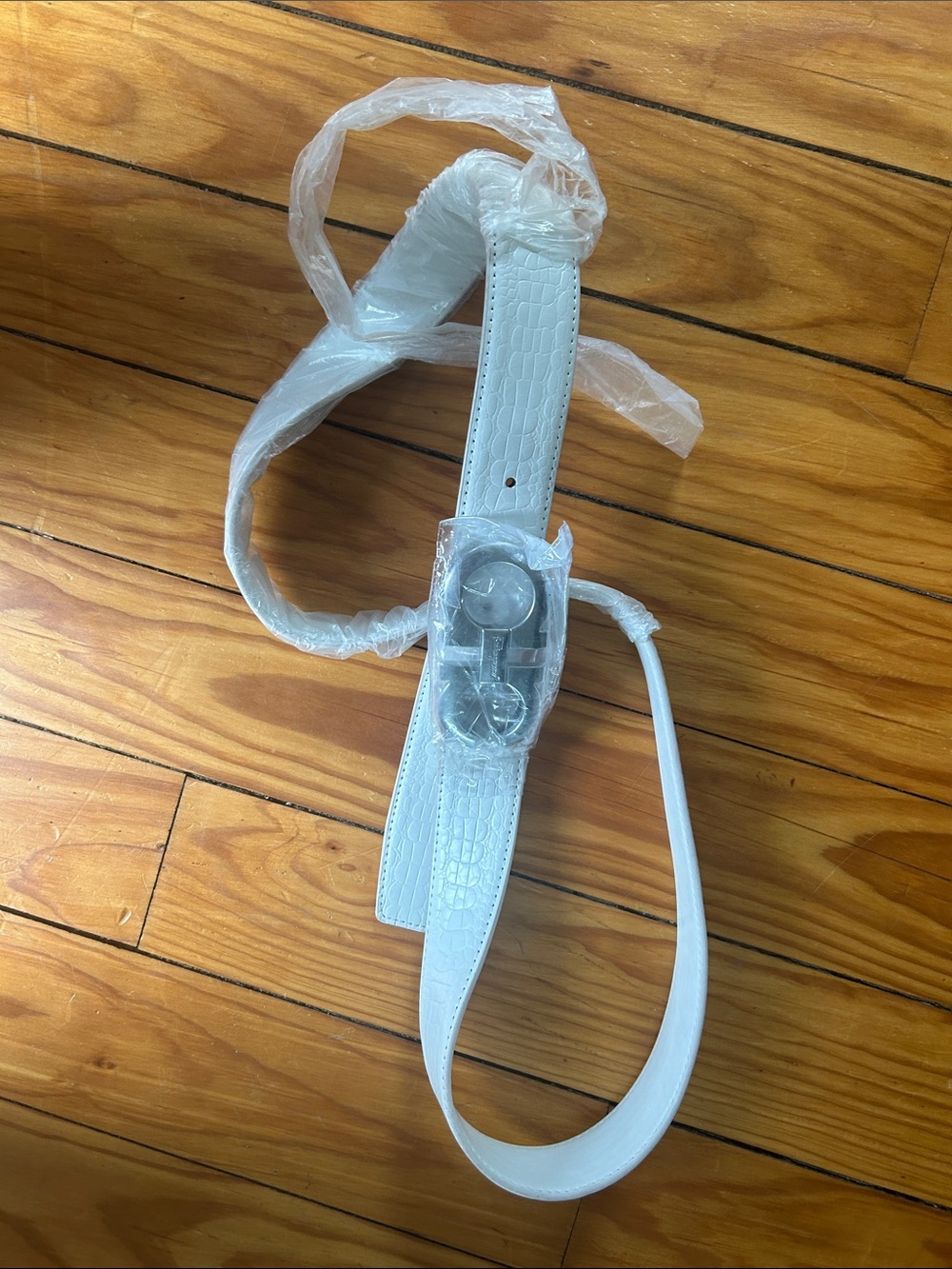 White Croc-Embossed Belt with Wrapped Buckle